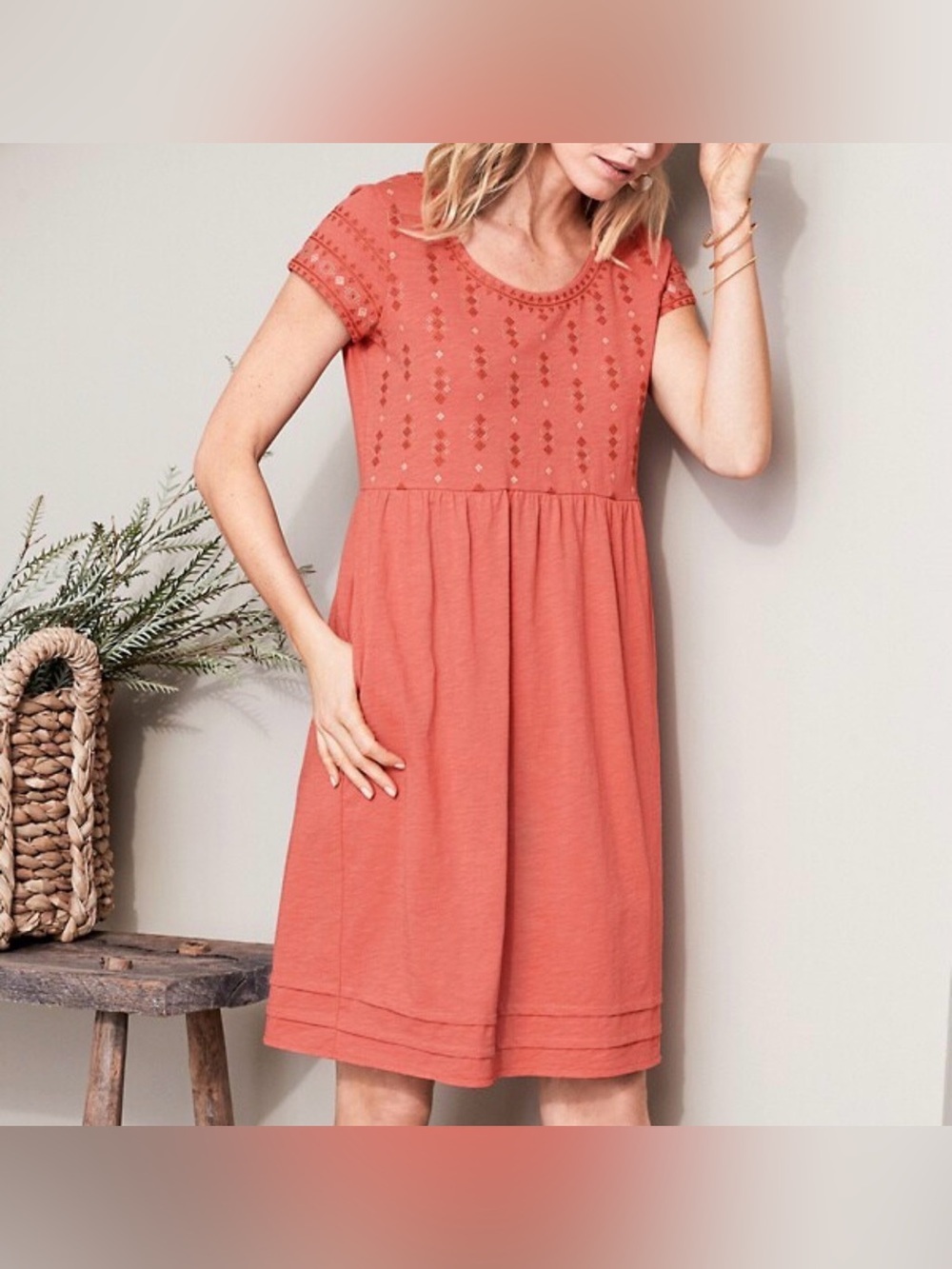 Garnet Hill Organic Cotton Embroidered Midi Dress in Coral Pink Size 14